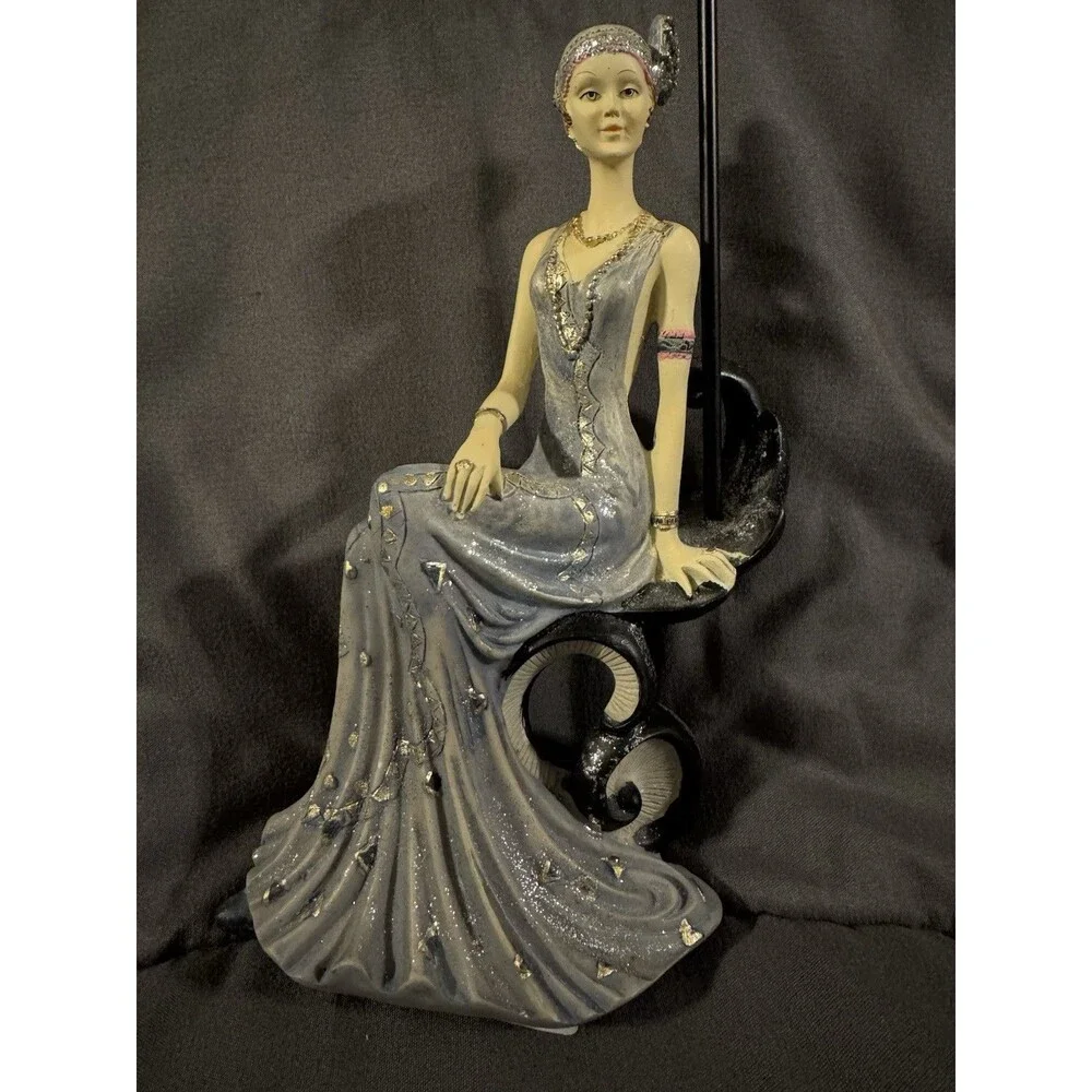 Art Deco Seated Lady Figurine Gray Dress on Black Metal Jewelry Stand Holder